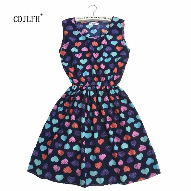 2017 New Women Dress Fashion Cute Love Florals Print Round Neck Sleeveless Chiffon Dress Femininas Saias S M L XL XXL