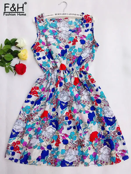 2017 New Women Dress Fashion Cute Love Florals Print Round Neck Sleeveless Chiffon Dress Femininas Saias S M L XL XXL