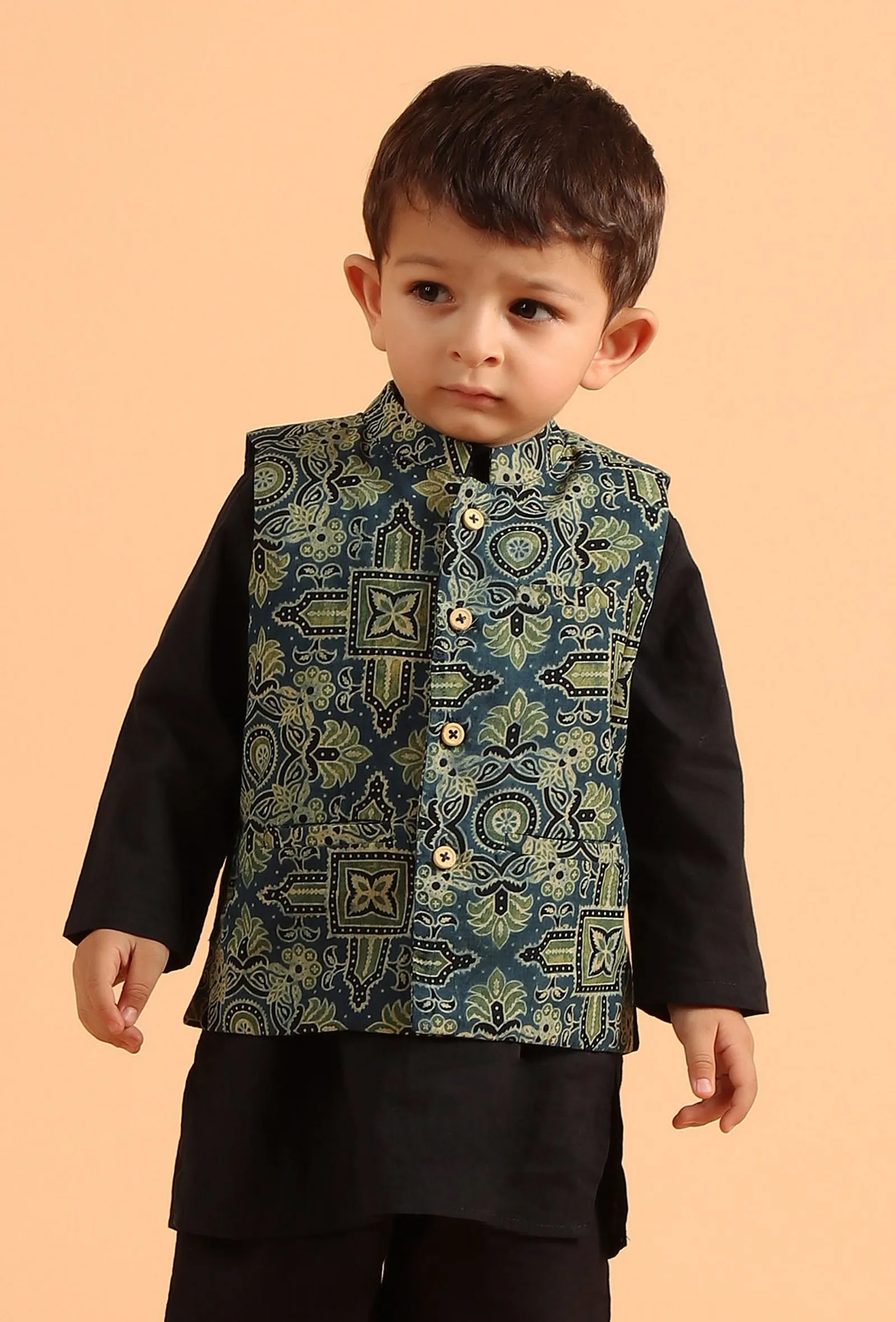 Aadrik Indigo Ajrakh Print Cotton Nehru Jacket