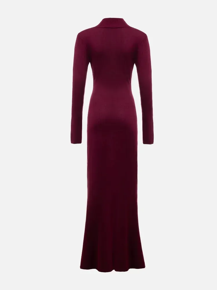 Advbridge Elegant Women Wine Red Suede Slim Long Dress Fashion Half High Collar Full Sleeves Fishtail Dresses Chic Lady Party Street Robes