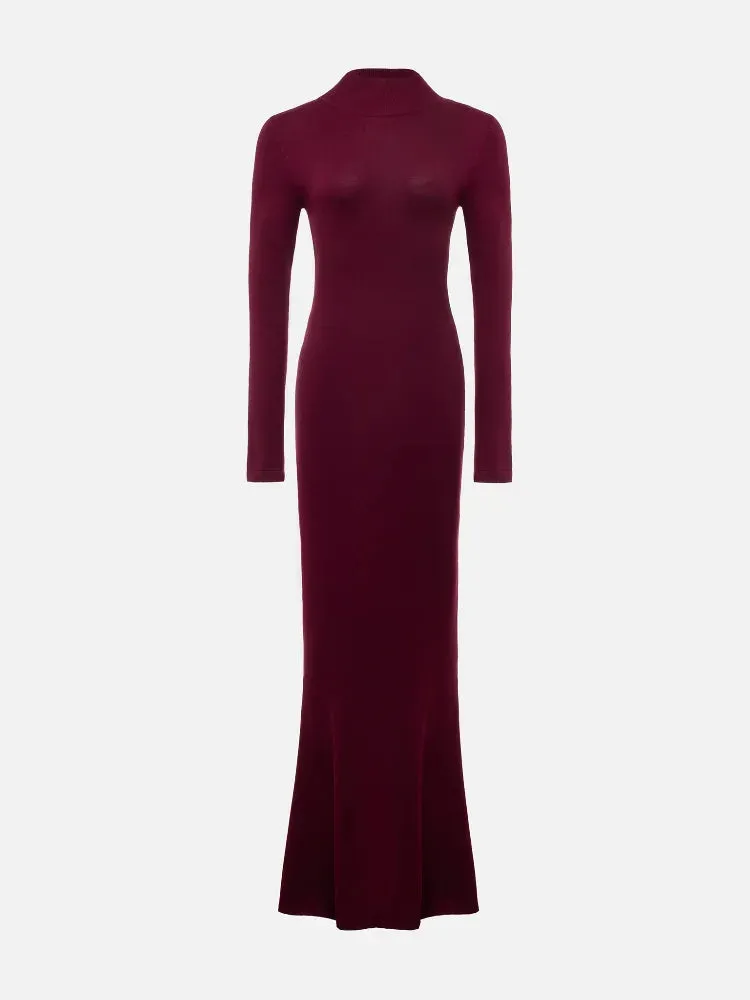 Advbridge Elegant Women Wine Red Suede Slim Long Dress Fashion Half High Collar Full Sleeves Fishtail Dresses Chic Lady Party Street Robes