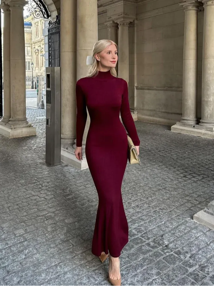 Advbridge Elegant Women Wine Red Suede Slim Long Dress Fashion Half High Collar Full Sleeves Fishtail Dresses Chic Lady Party Street Robes