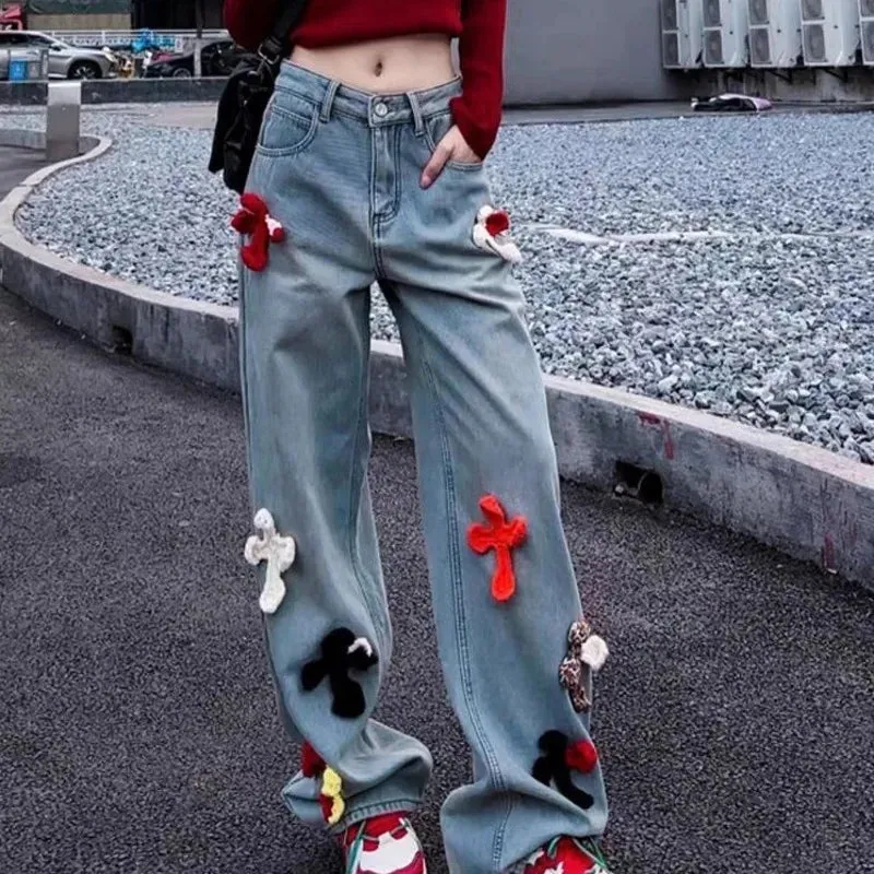 Advbridge Y2k Cross Print Straight Jeans Retro High Waist Denim Pant Casual Oversized  Baggy Trousers High Street Plush Pants For Women