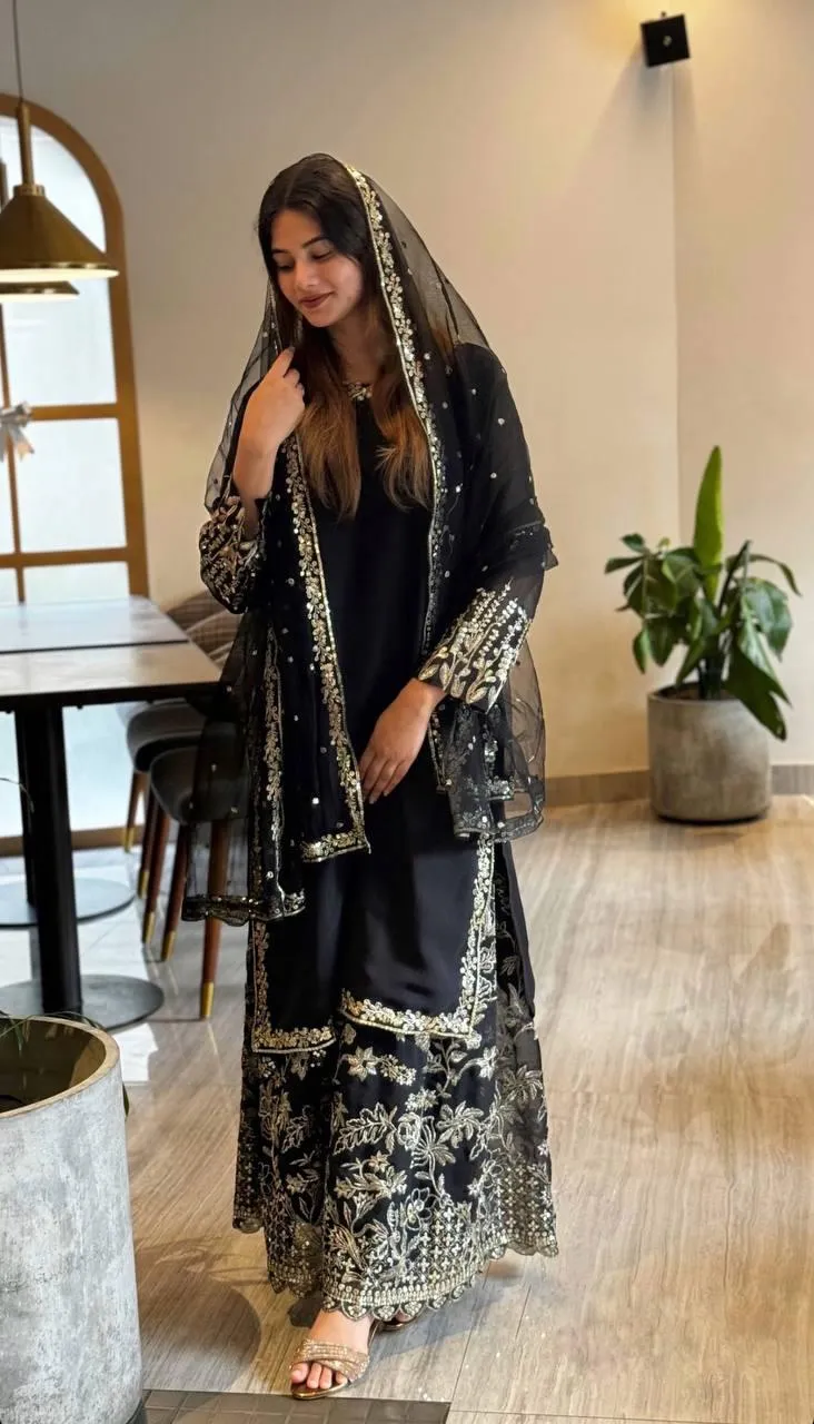 Alluring Black Color Heavy Faux Georgette Embroidery Sequence Work Palazzo Suits For Women