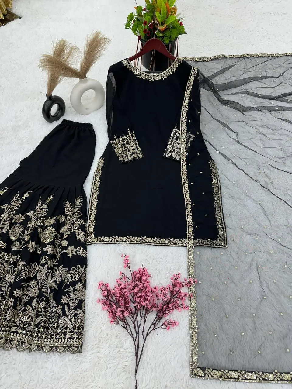 Alluring Black Color Heavy Faux Georgette Embroidery Sequence Work Palazzo Suits For Women