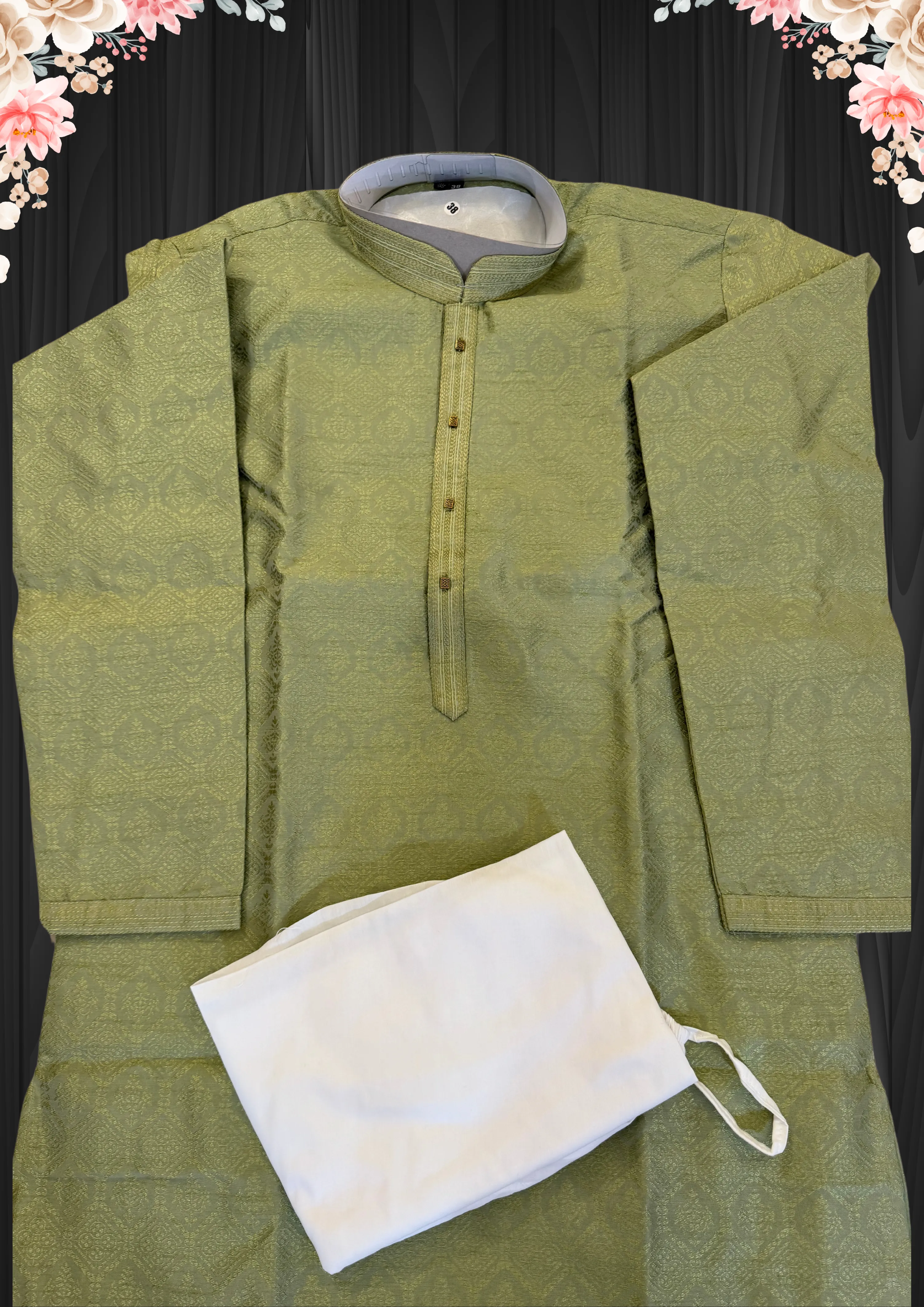 Alluring Pastel Green Color Art Silk Embroidered Neck Kurta With Pajama Pant For Men