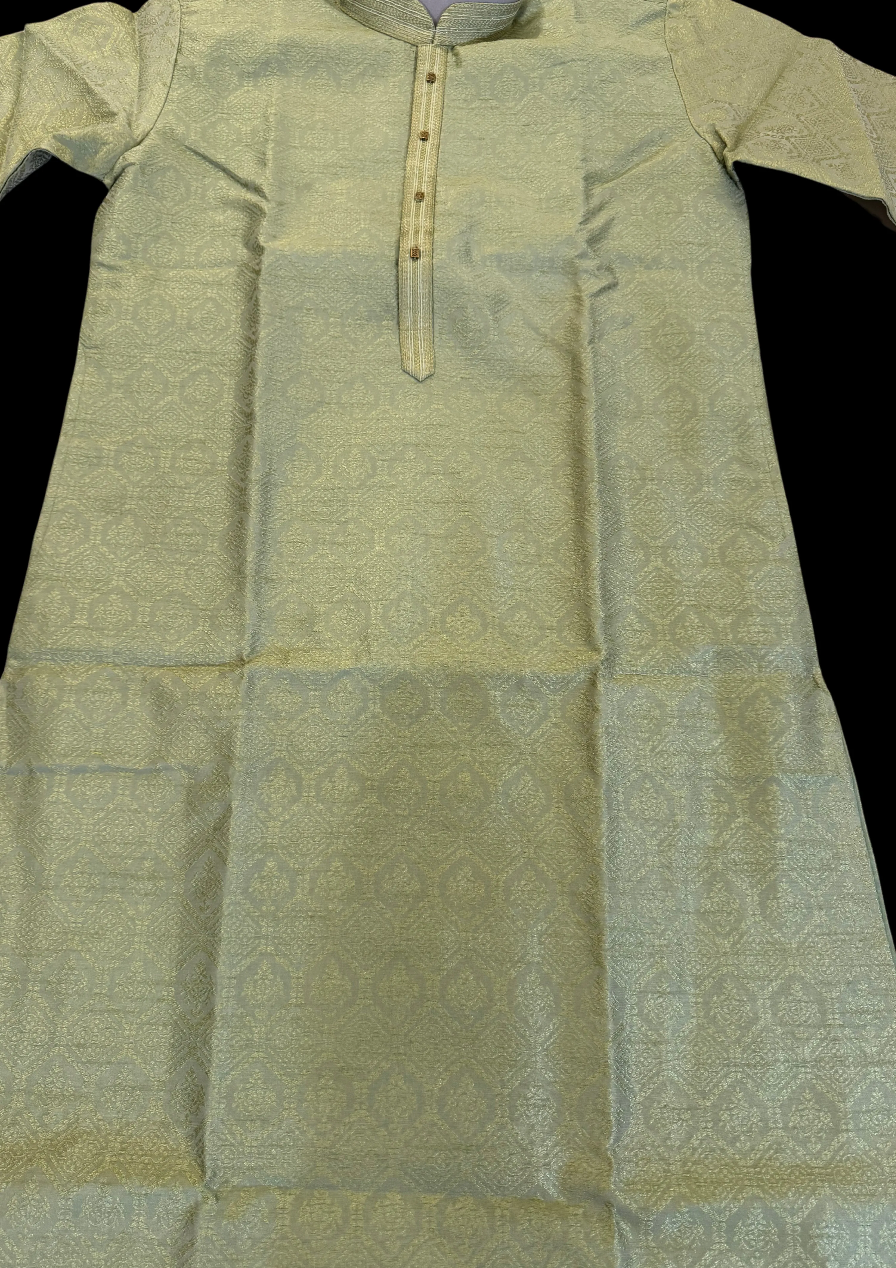 Alluring Pastel Green Color Art Silk Embroidered Neck Kurta With Pajama Pant For Men