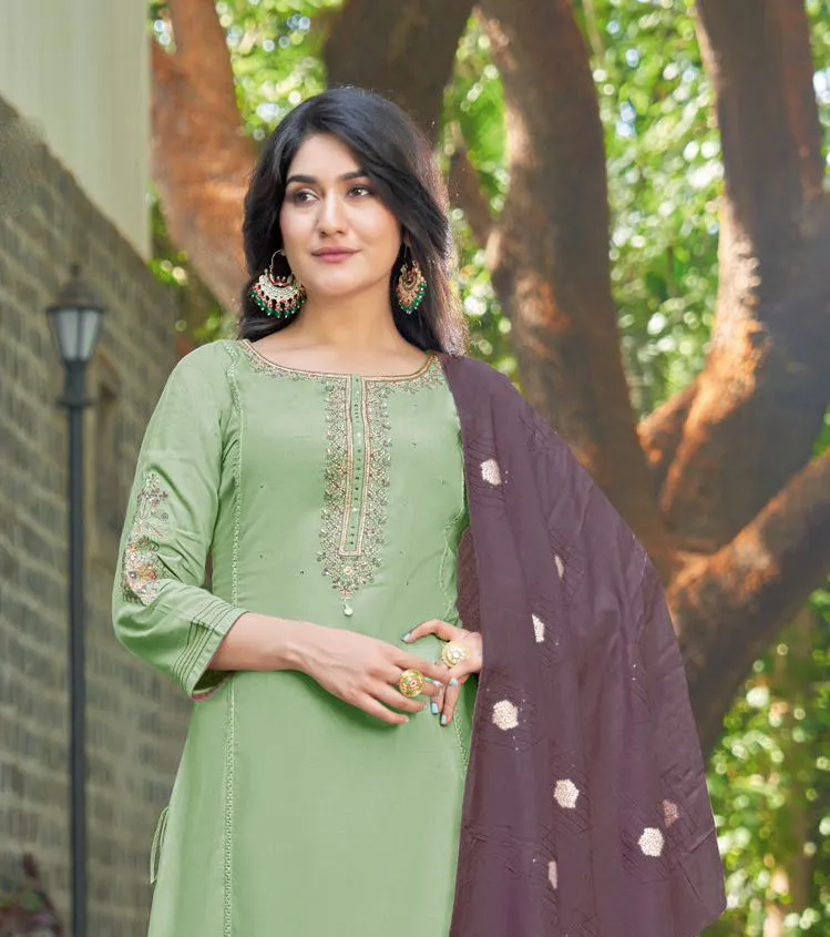 Alluring Pista Green Colored Heavy Rayon With Handwork Embroidery Palazzo Suits For Women