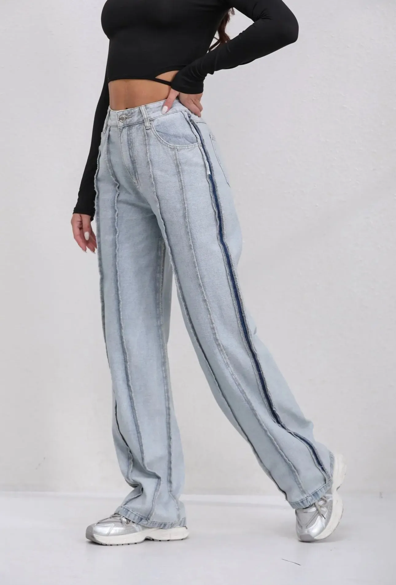 Angela denim frayed stripe wide leg jeans