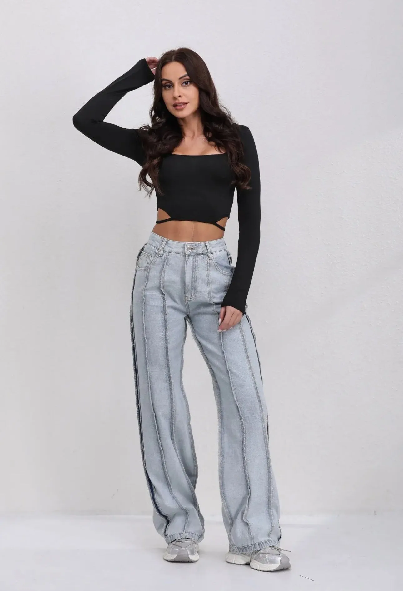 Angela denim frayed stripe wide leg jeans