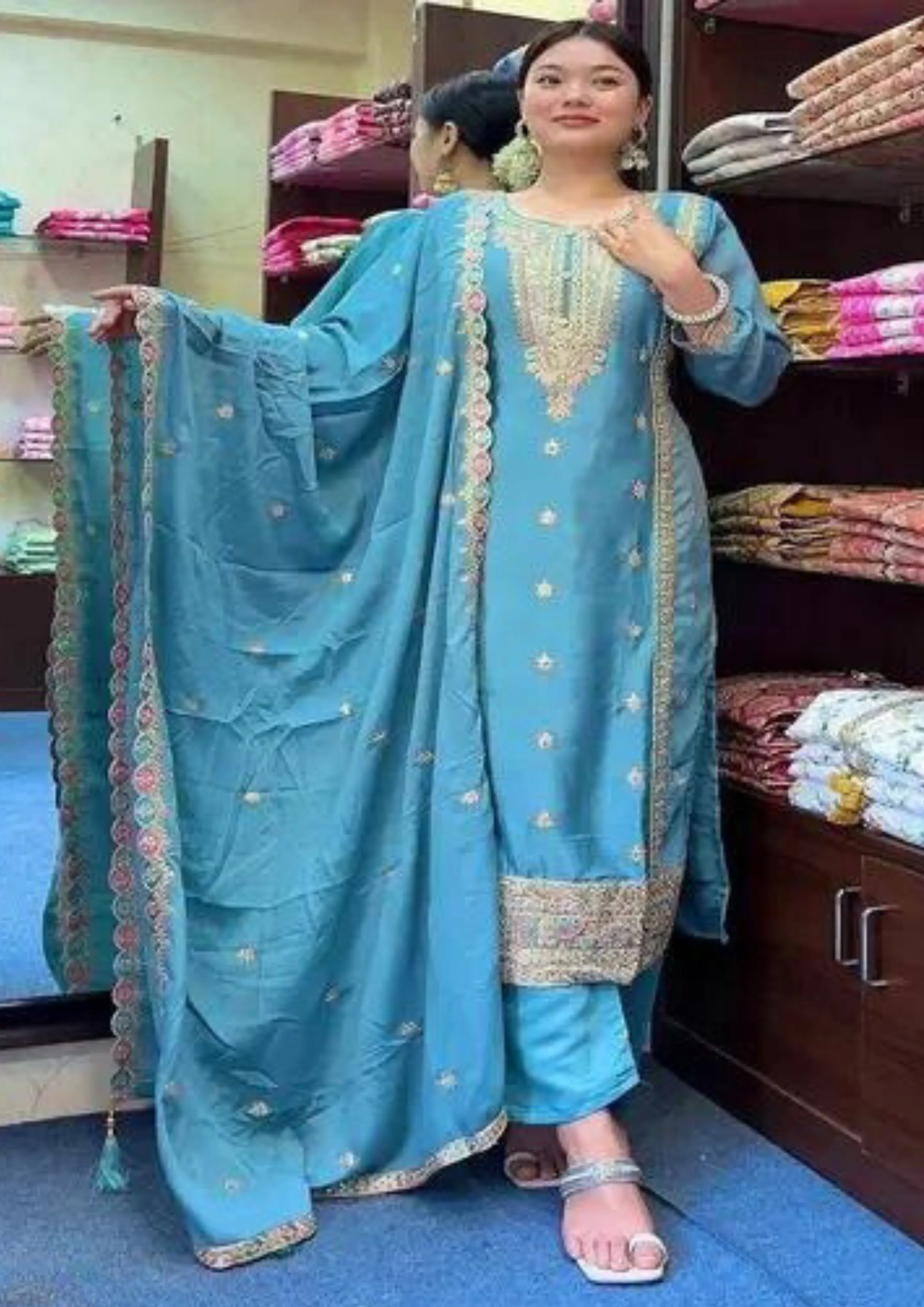 Appealing Blue Color Pure Chinon Silk Heavy Embroidery Work Salwar Suits For Women