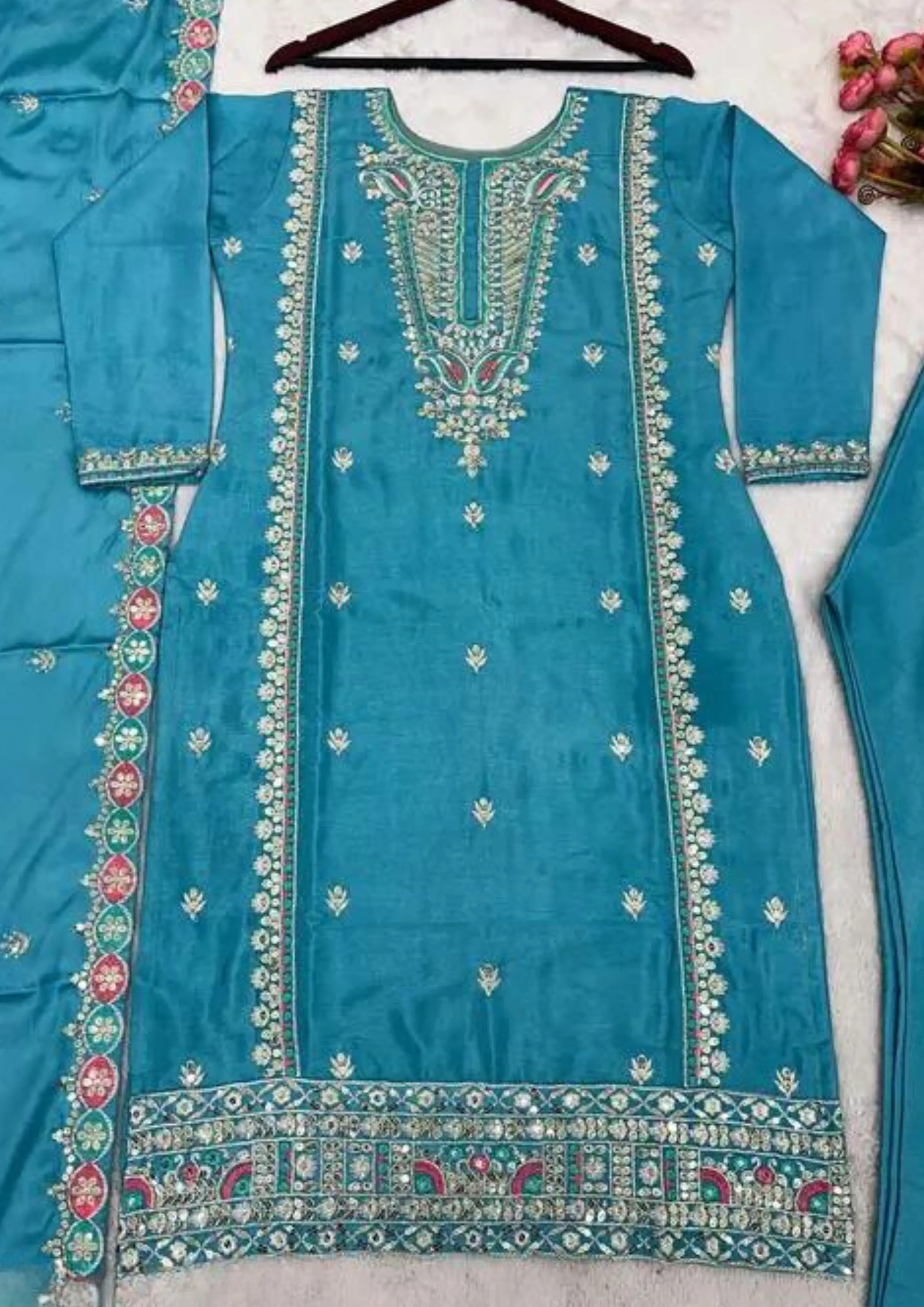 Appealing Blue Color Pure Chinon Silk Heavy Embroidery Work Salwar Suits For Women