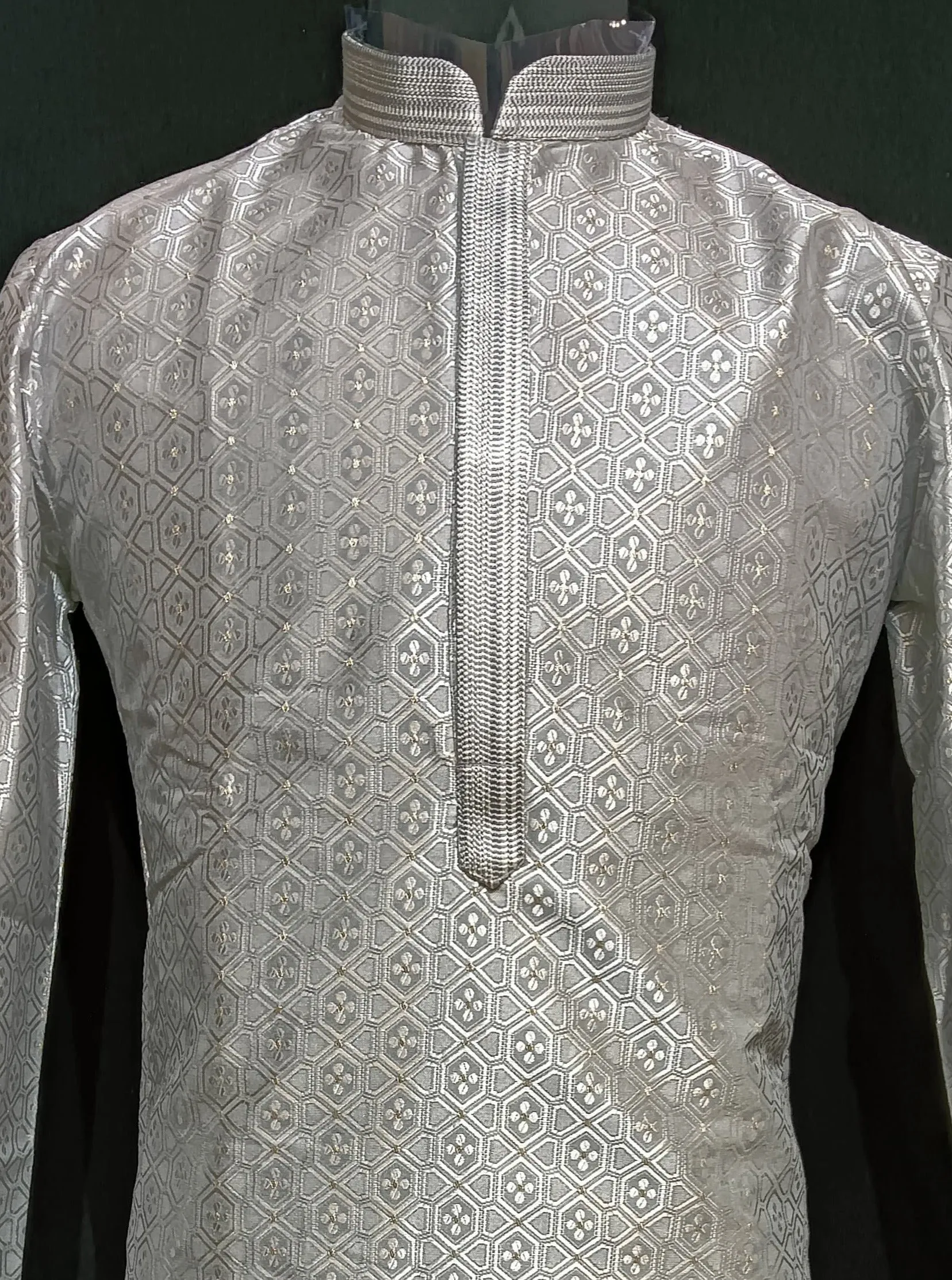 Appealing Grey Colored Banarasi Brocade Silver Zari Work Kurta Pajama Sets For Men