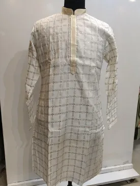 Attractive Cream Color Silk Kurta With Embroidery Work Pajama For Men