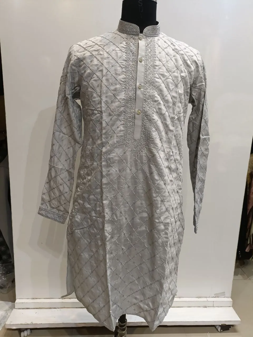 Attractive Grey Colored Silk Embroidery Work Kurta With Cotton Silk Pajama For Men