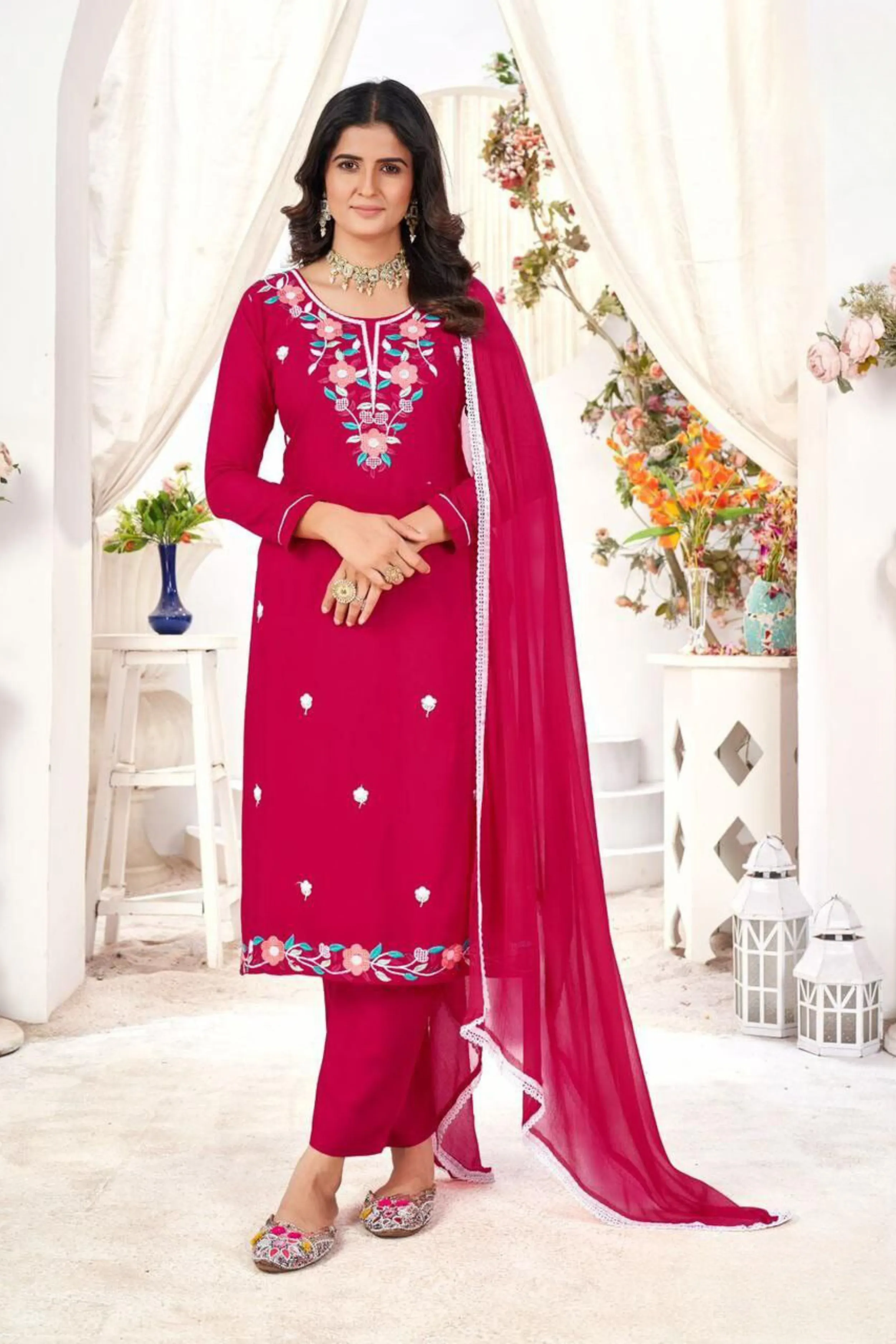 Attractive Pink Colored Embroidery Work Salwar Suits With Dupatta For Women