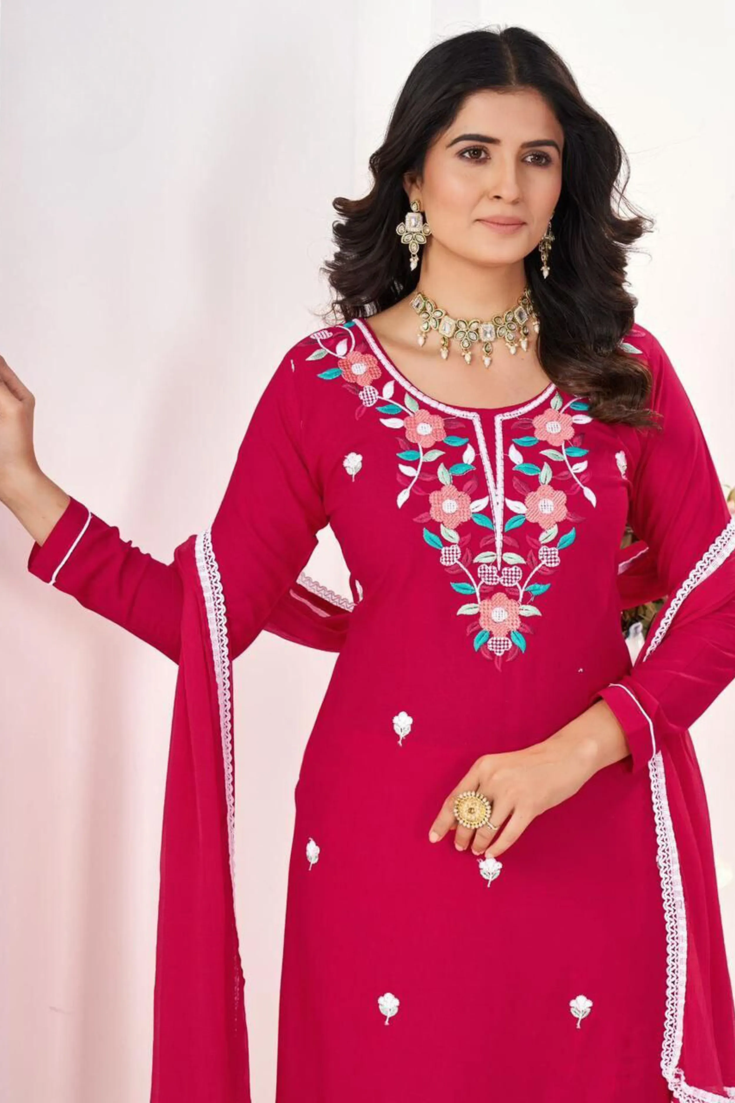 Attractive Pink Colored Embroidery Work Salwar Suits With Dupatta For Women