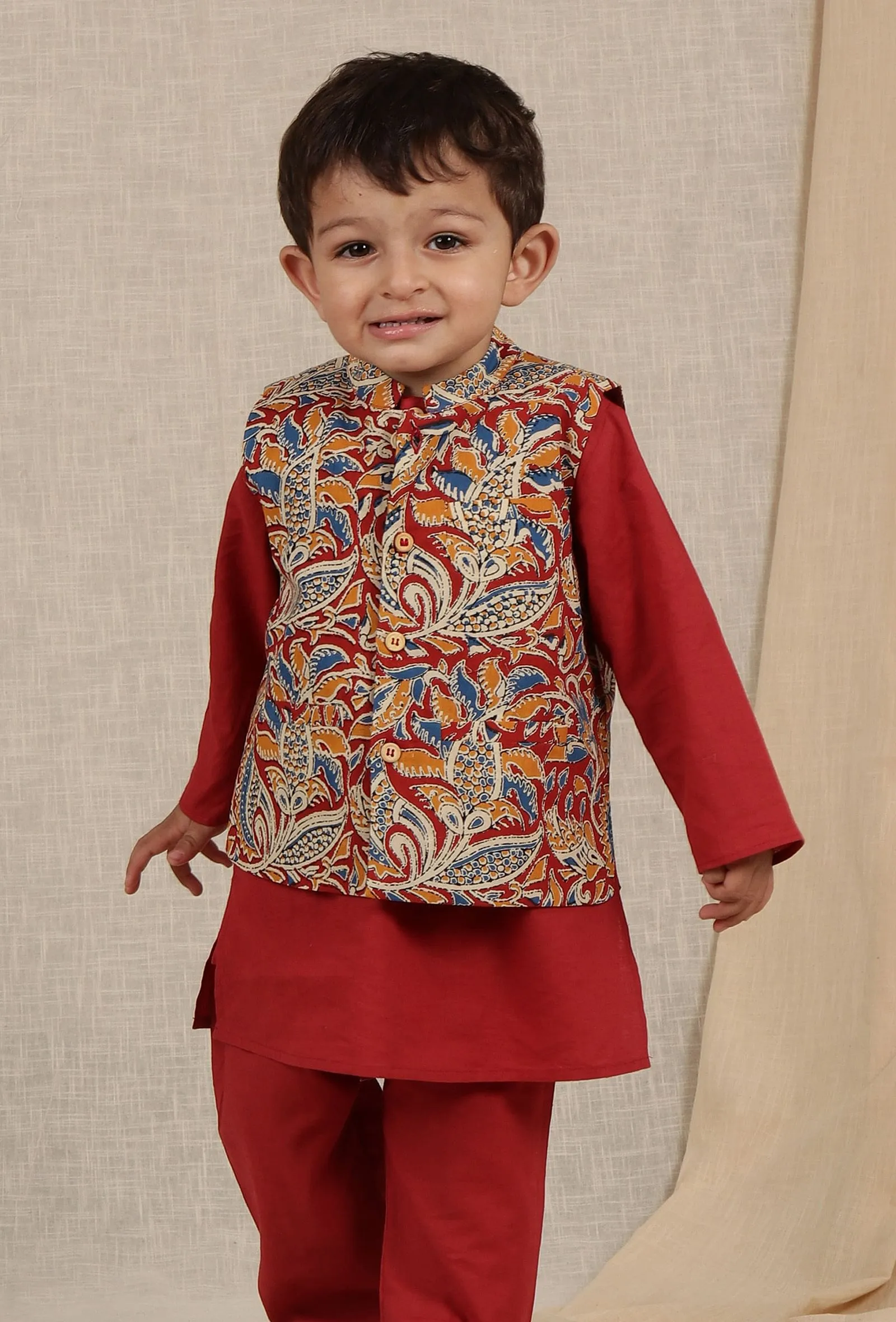 Ayan Maroon Red Kalamkari Printed Cotton Nehru Jacket