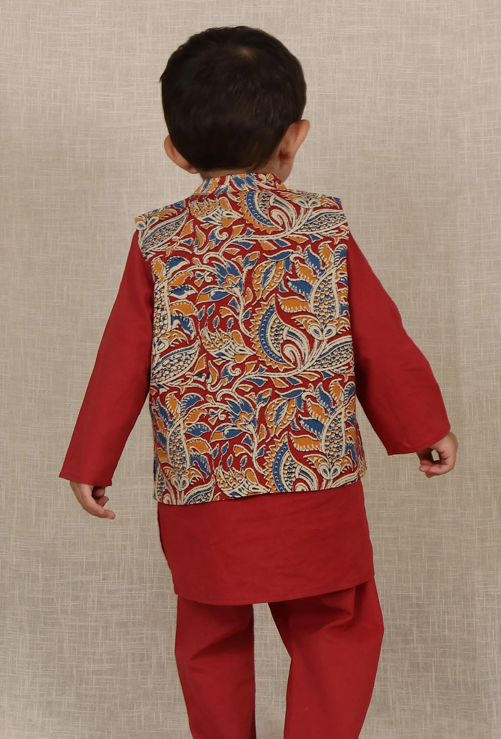 Ayan Maroon Red Kalamkari Printed Cotton Nehru Jacket