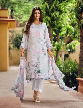 Belliza Unstitched Embroidered Women Cotton Suit Fabric Grey