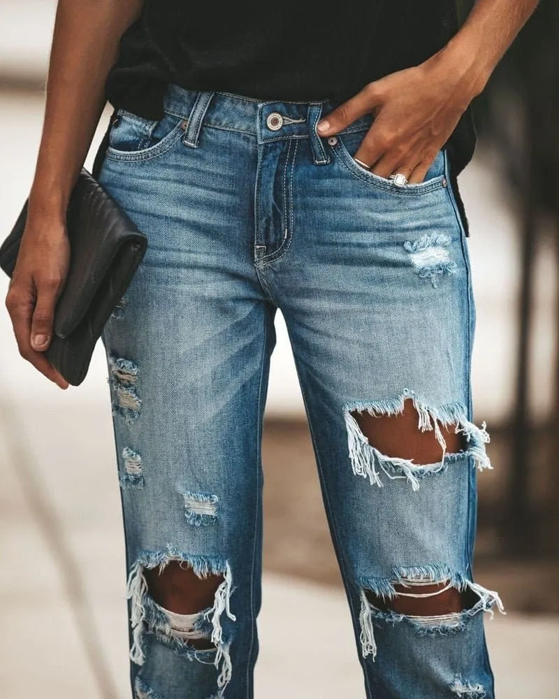 Boyfriend Ripped Jeans - Trendy Mid-Waist Big Rips for Women