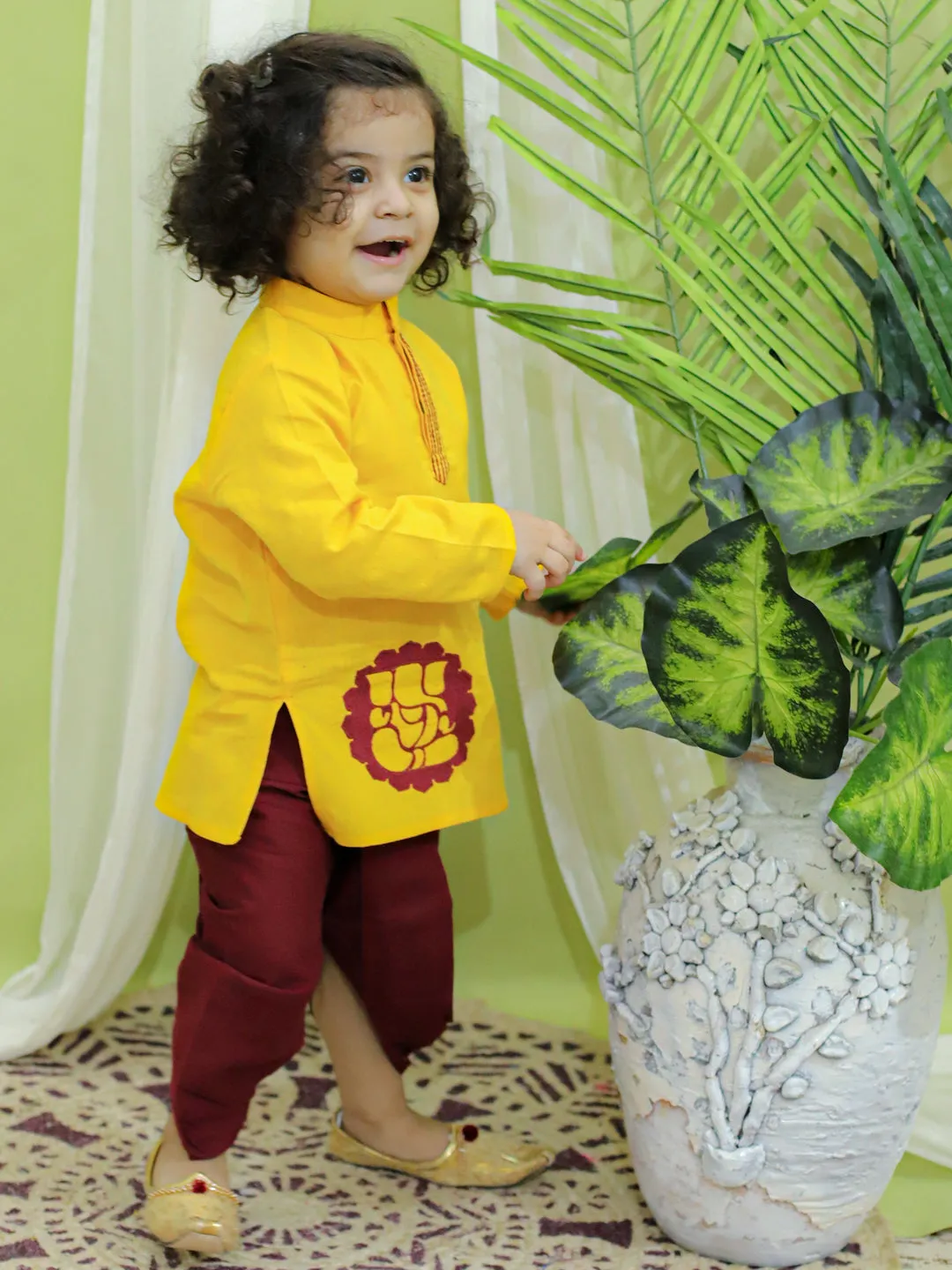 Boys Ethnic Festive Wear Ganesh Embroidery Cotton Dhoti Kurta for Boys- Yellow