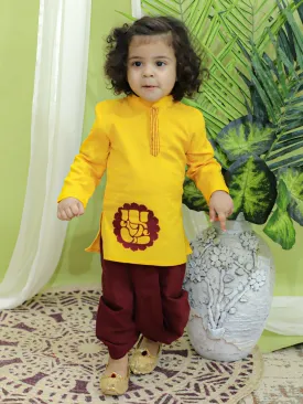 Boys Ethnic Festive Wear Ganesh Embroidery Cotton Dhoti Kurta for Boys- Yellow