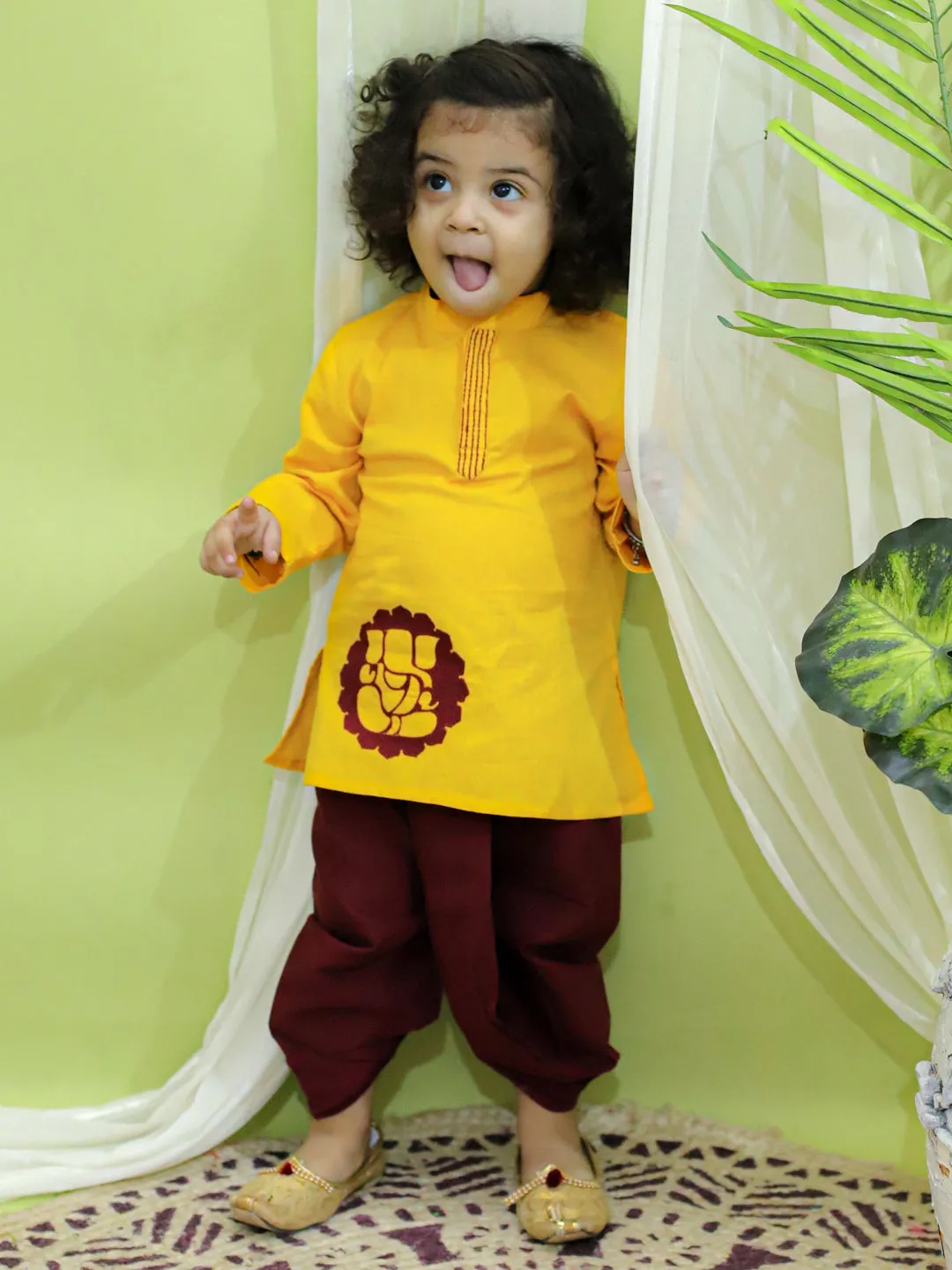 Boys Ethnic Festive Wear Ganesh Embroidery Cotton Dhoti Kurta for Boys- Yellow