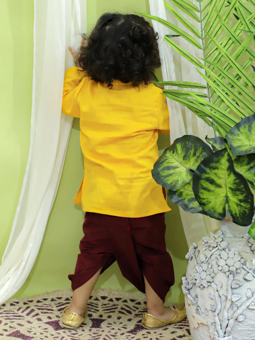 Boys Ethnic Festive Wear Ganesh Embroidery Cotton Dhoti Kurta for Boys- Yellow