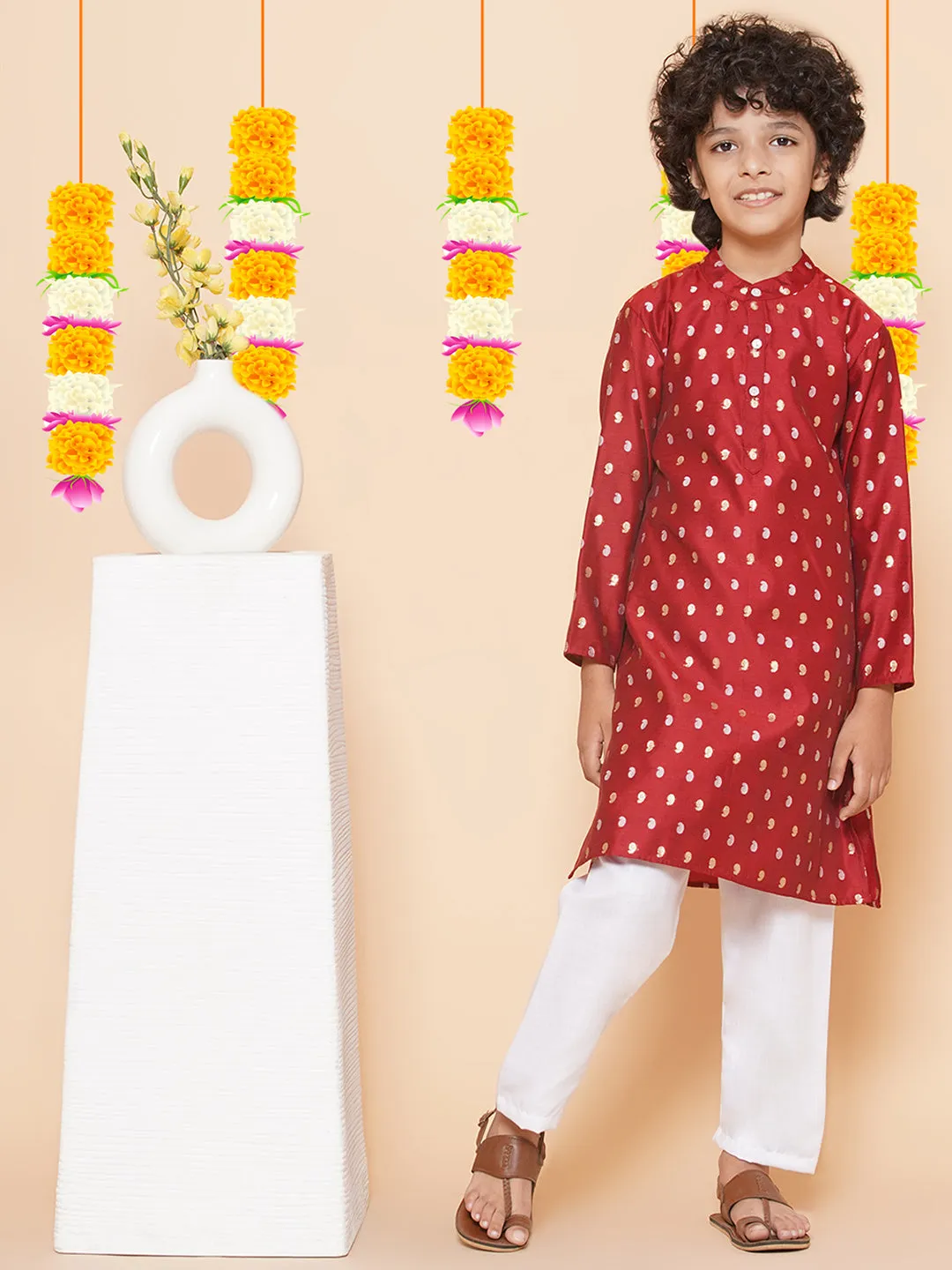 Boys Maroon Self Design Booti Kurta with Pyjamas