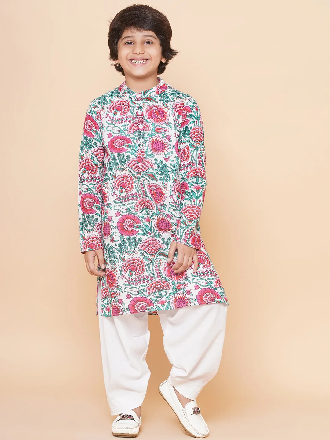 Boys Off White & Pink Printed Kurta with Salwar