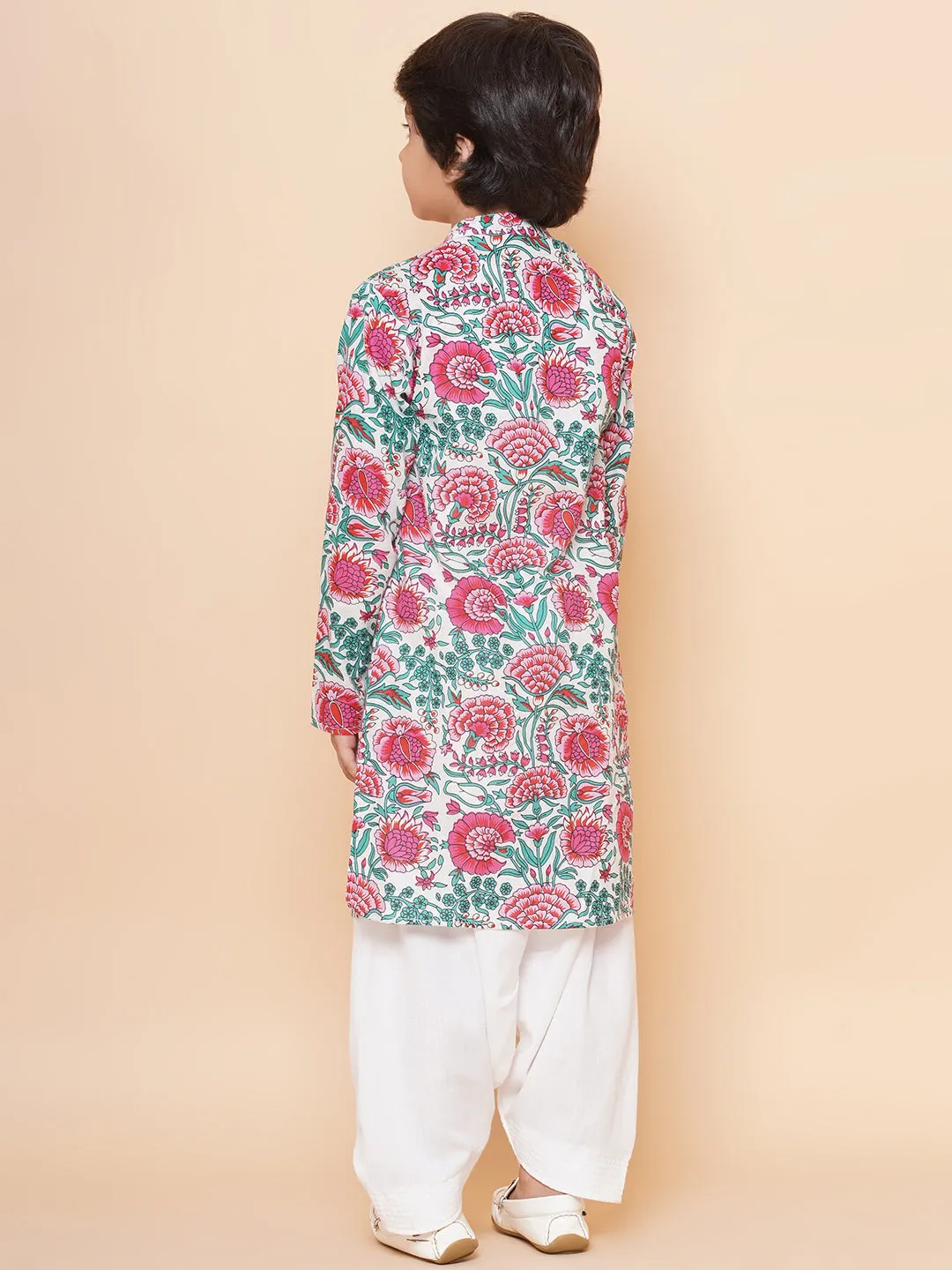 Boys Off White & Pink Printed Kurta with Salwar