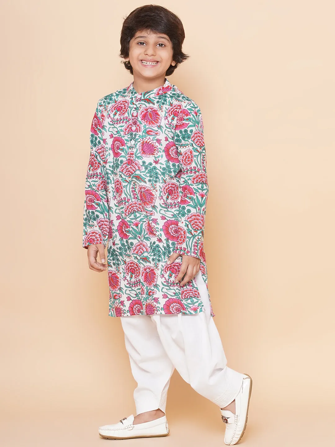 Boys Off White & Pink Printed Kurta with Salwar