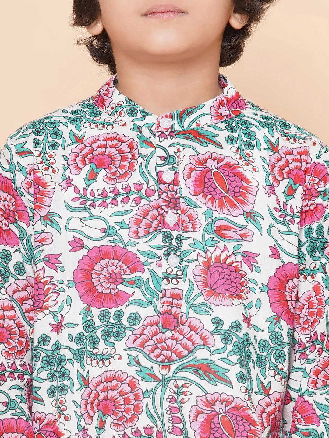 Boys Off White & Pink Printed Kurta with Salwar