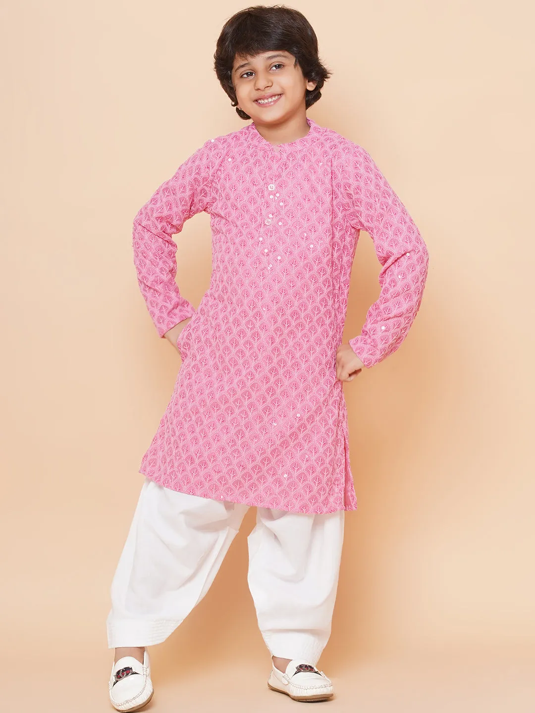 Boys Peach Sequins Embroidered Kurta with Salwar