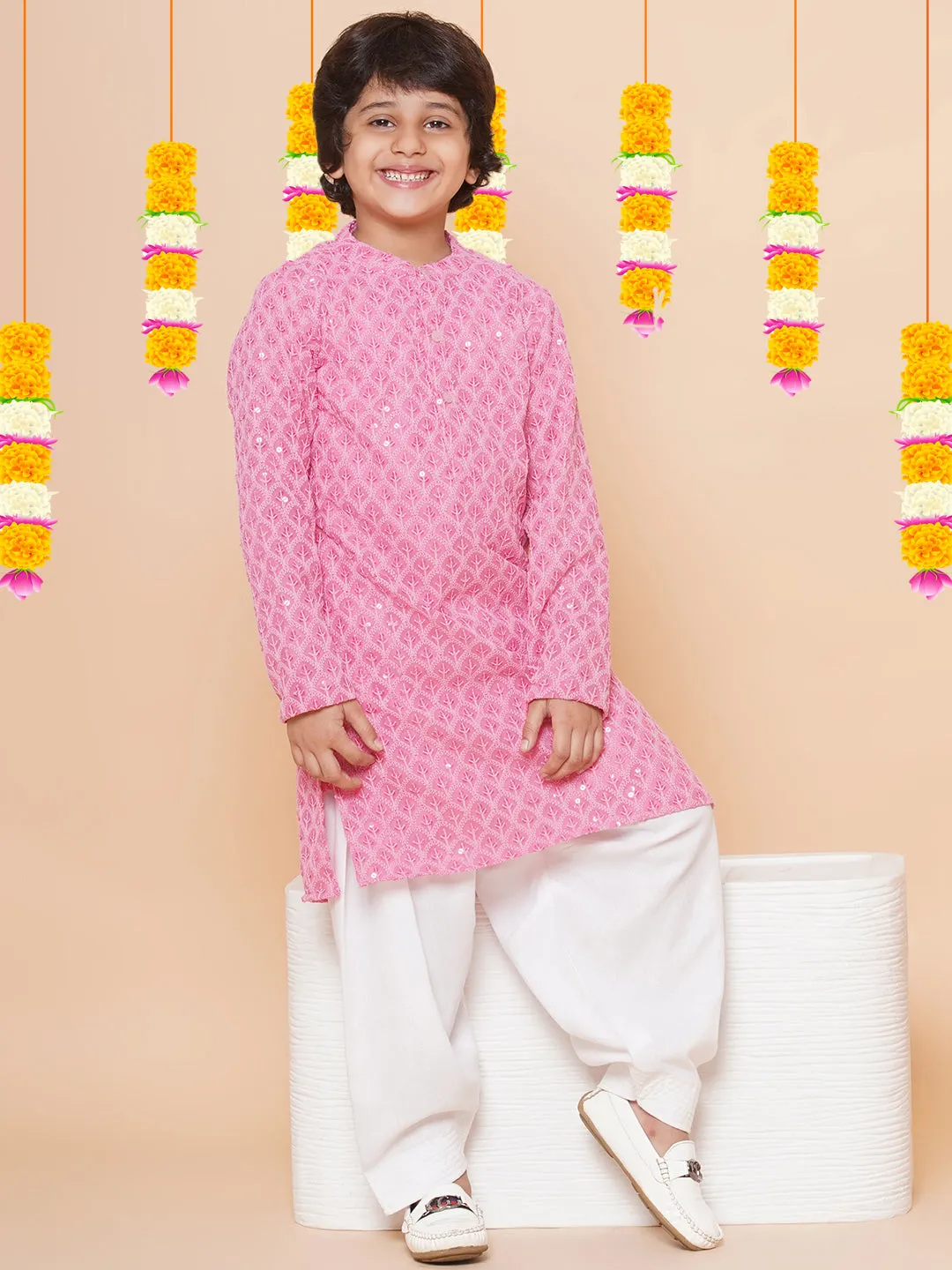 Boys Peach Sequins Embroidered Kurta with Salwar