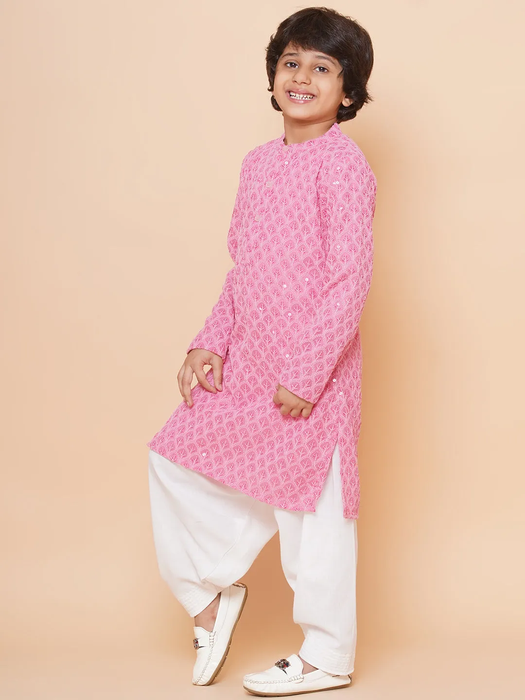 Boys Peach Sequins Embroidered Kurta with Salwar