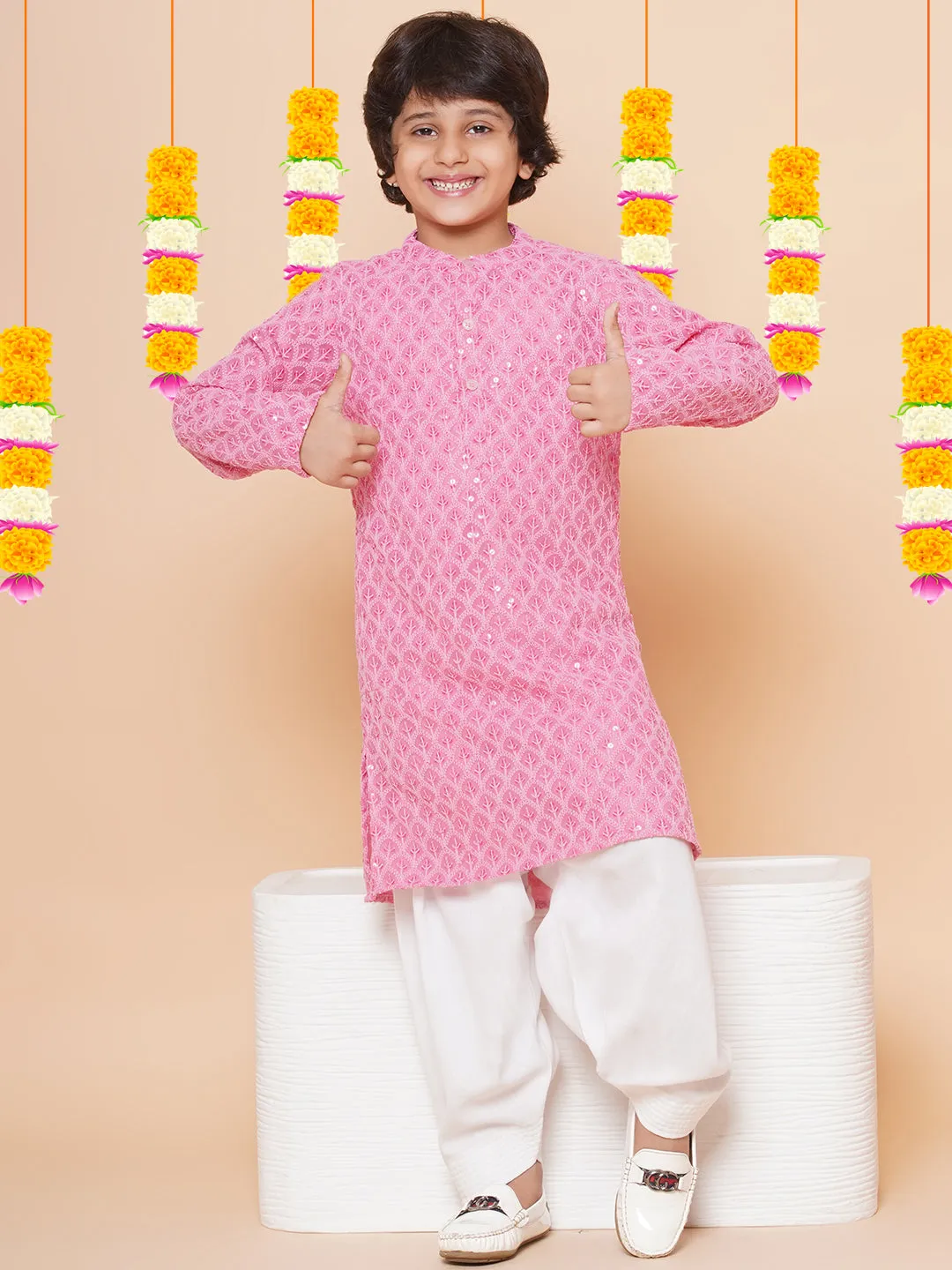 Boys Peach Sequins Embroidered Kurta with Salwar