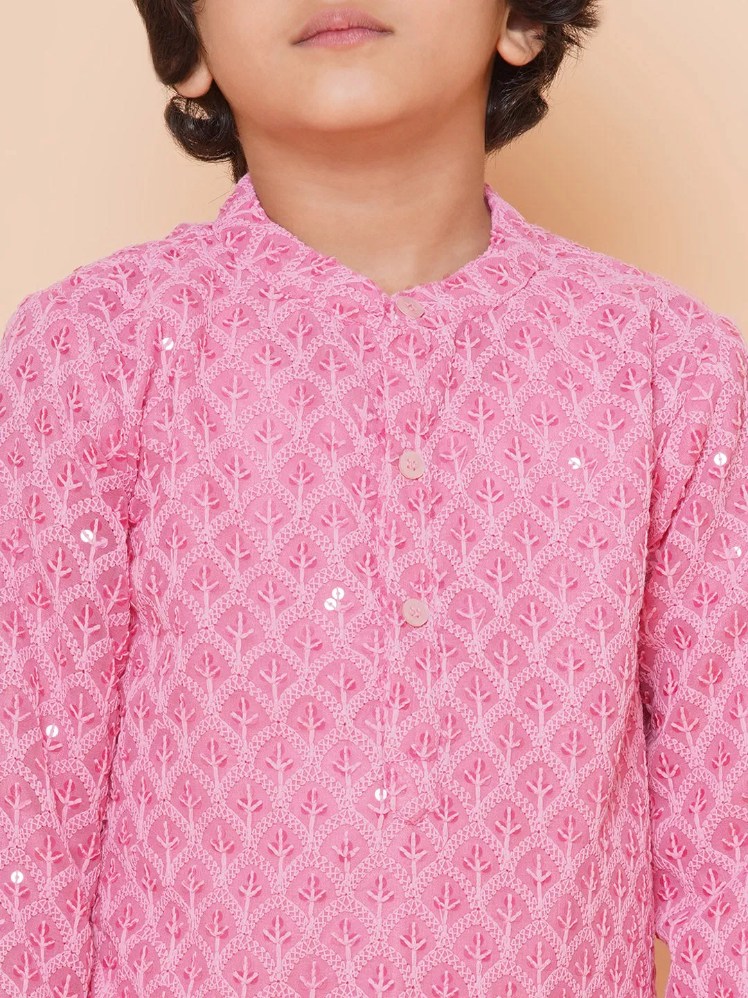 Boys Peach Sequins Embroidered Kurta with Salwar