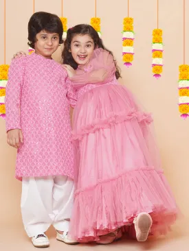 Boys Peach Sequins Embroidered Kurta with Salwar