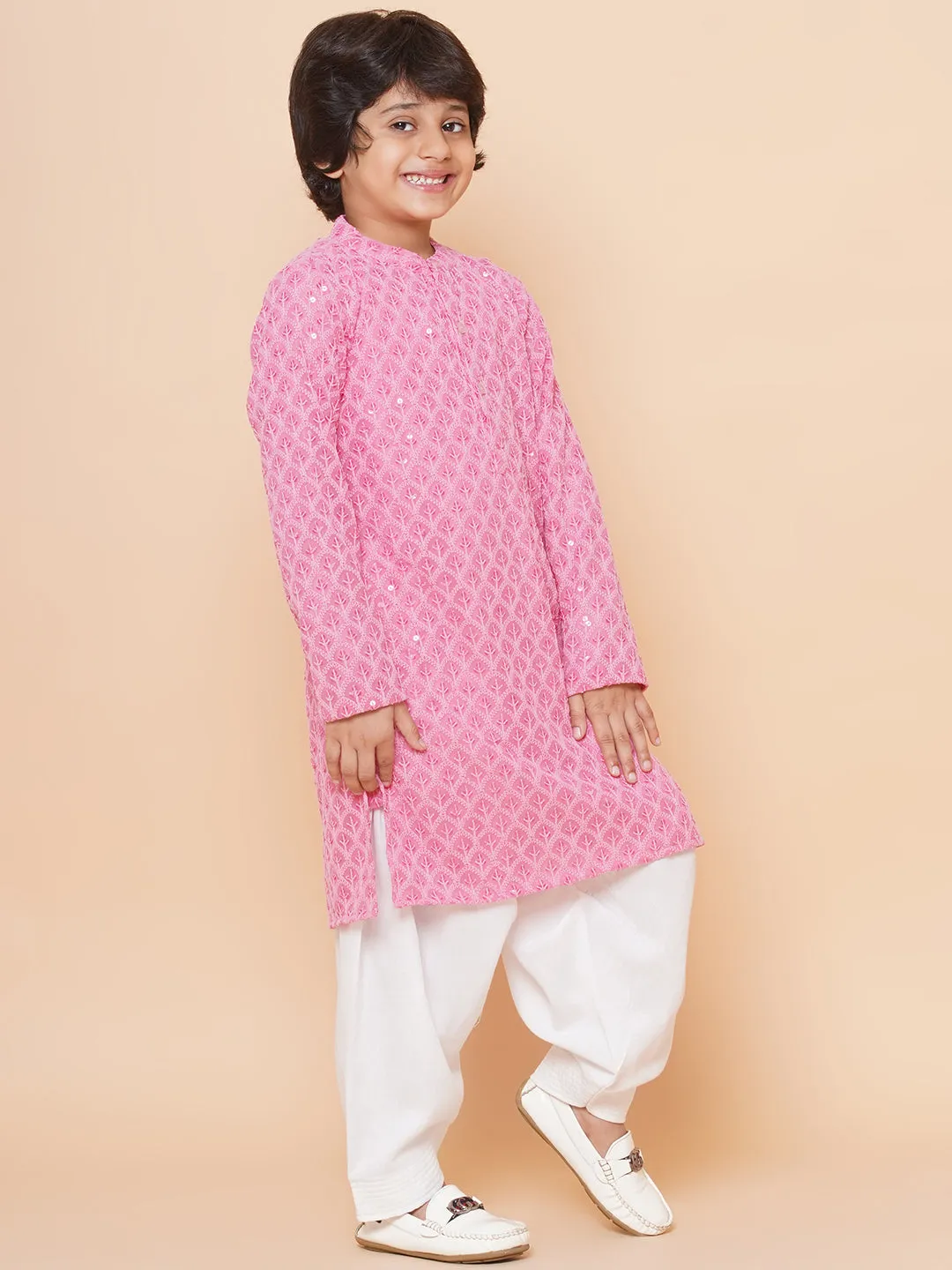 Boys Peach Sequins Embroidered Kurta with Salwar