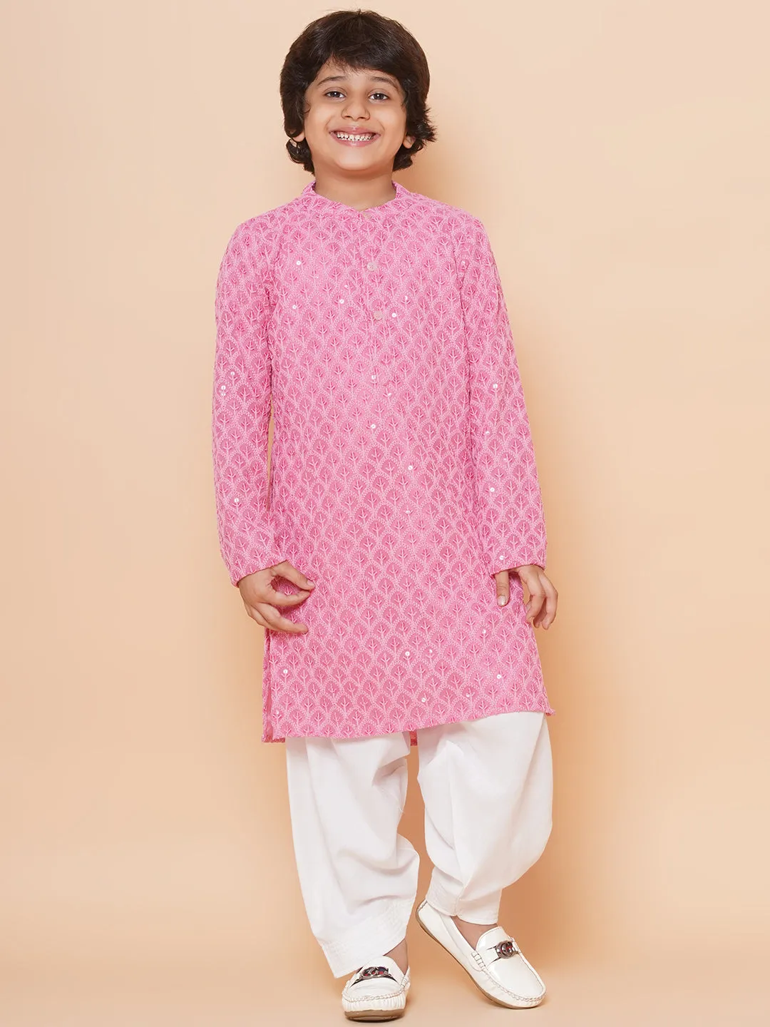 Boys Peach Sequins Embroidered Kurta with Salwar