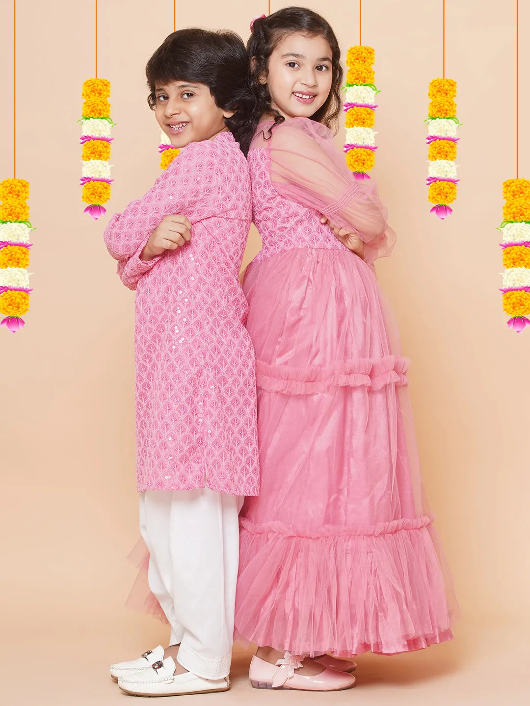 Boys Peach Sequins Embroidered Kurta with Salwar