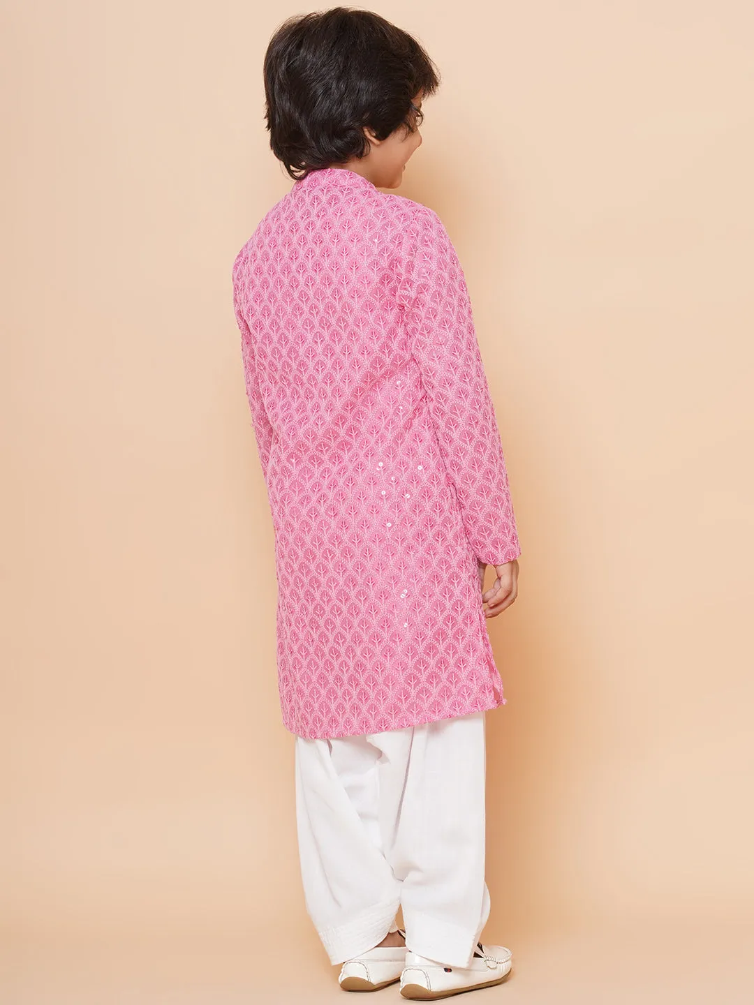 Boys Peach Sequins Embroidered Kurta with Salwar