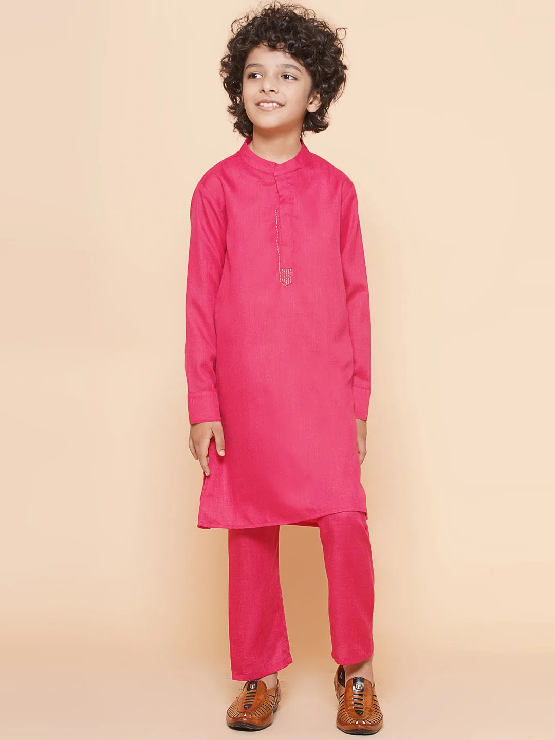 Boys Pink Kurta & Pyjamas with Printed Jacket