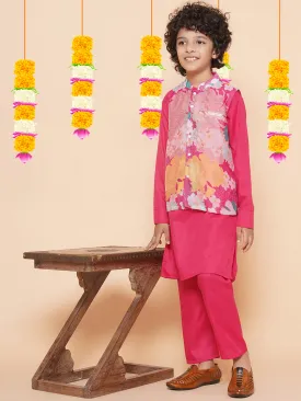 Boys Pink Kurta & Pyjamas with Printed Jacket