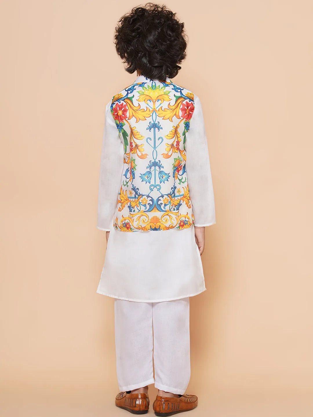 Boys White Kurta & Pyjamas with Printed Jacket