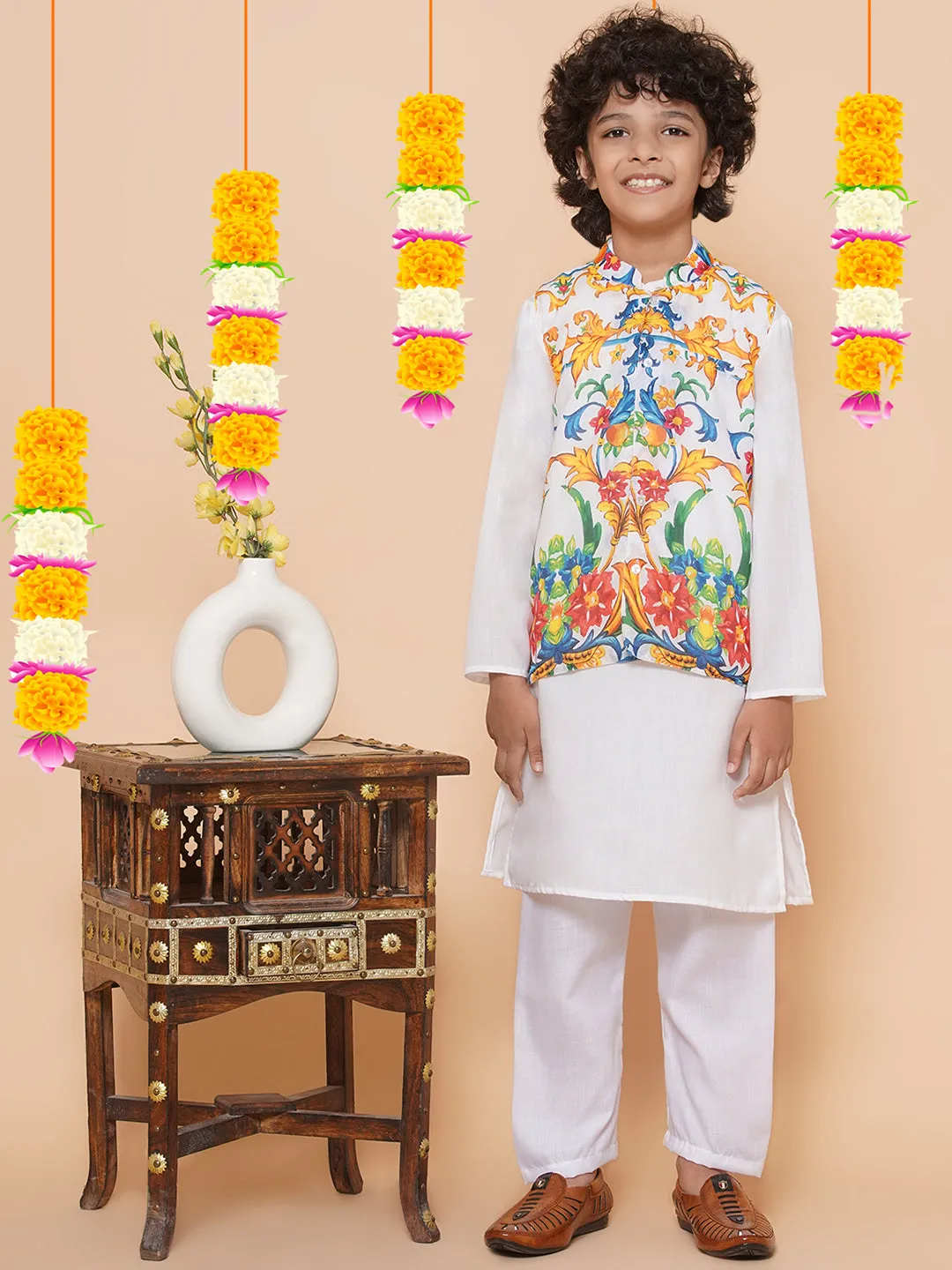 Boys White Kurta & Pyjamas with Printed Jacket