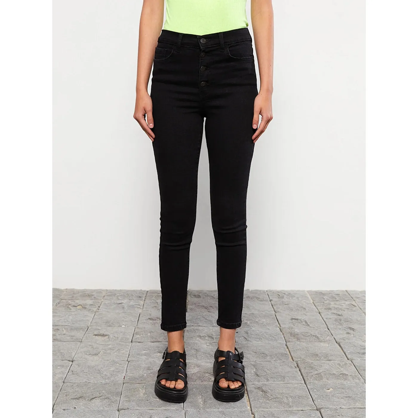 Charcoal Black Button Fly High Rise Jeans