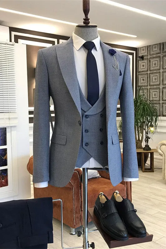 Chic Blue Peaked Lapel Three Pieces Prom Suits for Men